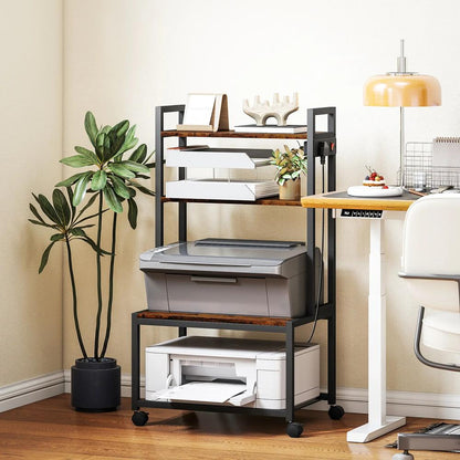 HOMCOM 4-Tier Printer Stand with Power Outlets and Wheels - Rustic Brown Additional View 2