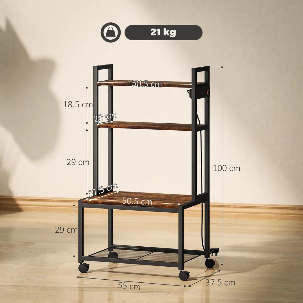 HOMCOM 4-Tier Printer Stand with Power Outlets and Wheels - Rustic Brown Additional View 3