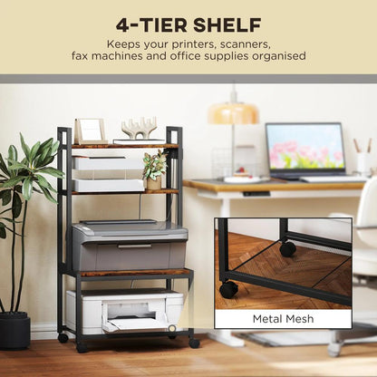 HOMCOM 4-Tier Printer Stand with Power Outlets and Wheels - Rustic Brown Additional View 5