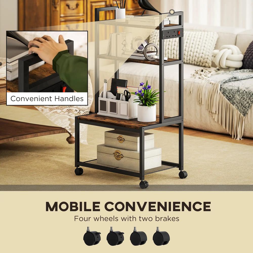 HOMCOM 4-Tier Printer Stand with Power Outlets and Wheels - Rustic Brown Additional View 6