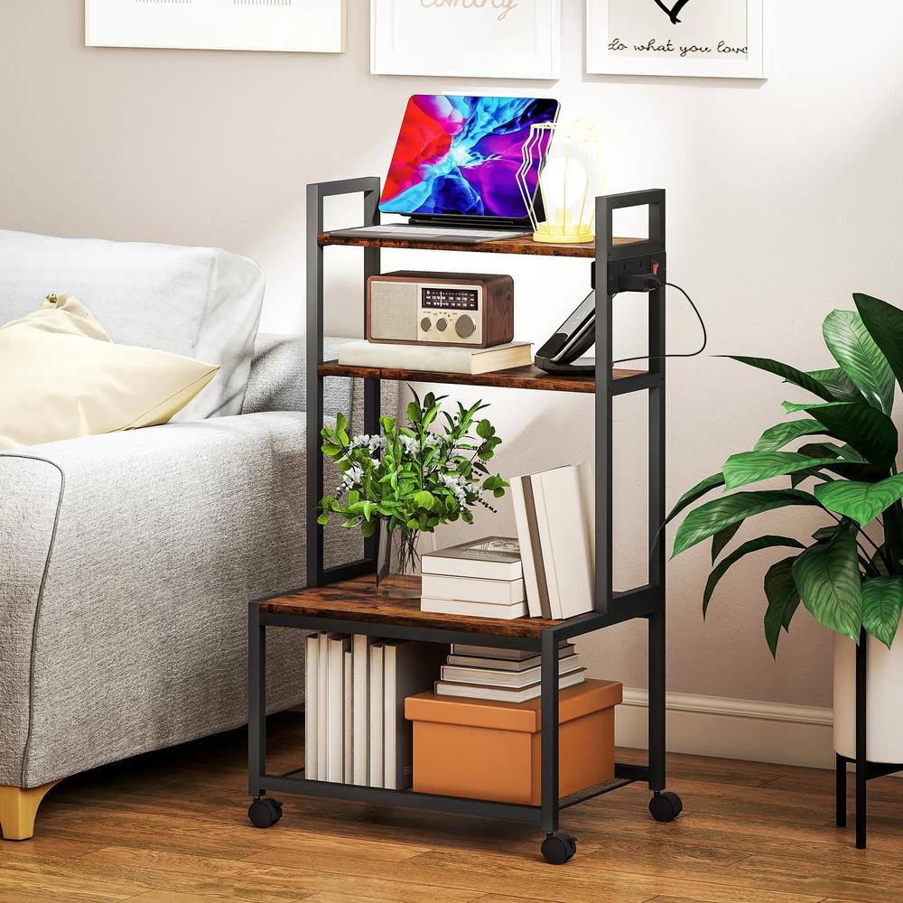 HOMCOM 4-Tier Printer Stand with Power Outlets and Wheels - Rustic Brown Additional View 7