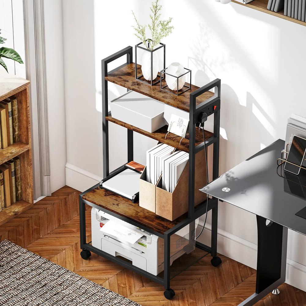 HOMCOM 4-Tier Printer Stand with Power Outlets and Wheels - Rustic Brown Additional View 8