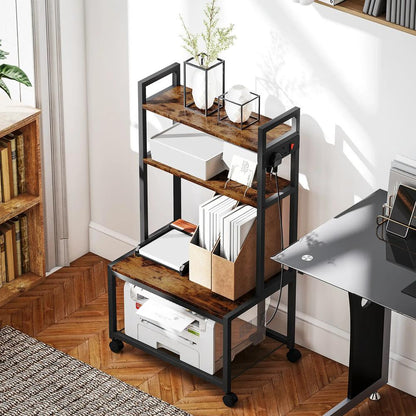 HOMCOM 4-Tier Printer Stand with Power Outlets and Wheels - Rustic Brown Additional View 8
