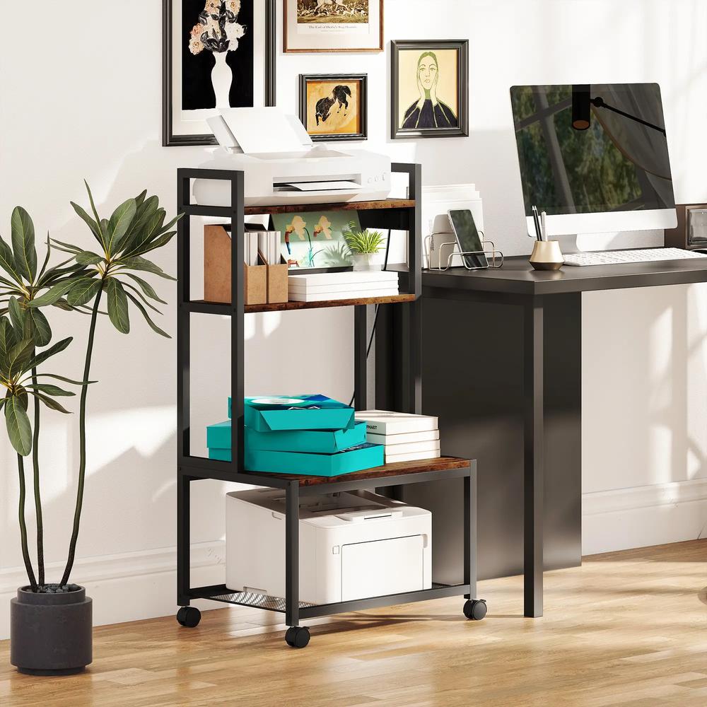 HOMCOM 4-Tier Printer Stand with Power Outlets and Wheels - Rustic Brown Additional View 10