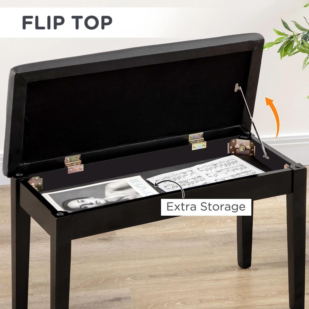 HOMCOM Classic Piano Bench Stool, PU Leather Padded Keyboard Stool with Rubber Wood Legs and Music Storage Compartment, Black Additional View 6