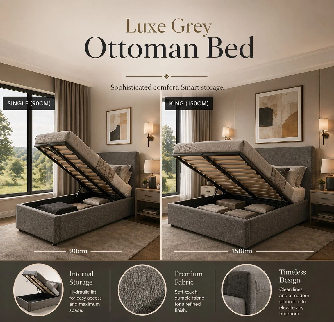 Double Storage Ottoman Bed Frame - #2026 Upgraded Gas Lift Ottoman Bed