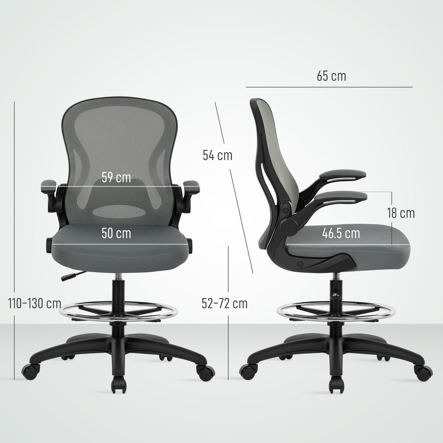 Draughtsman Chair with Flip up Armrests Charcoal Grey - Vinsetto image 2
