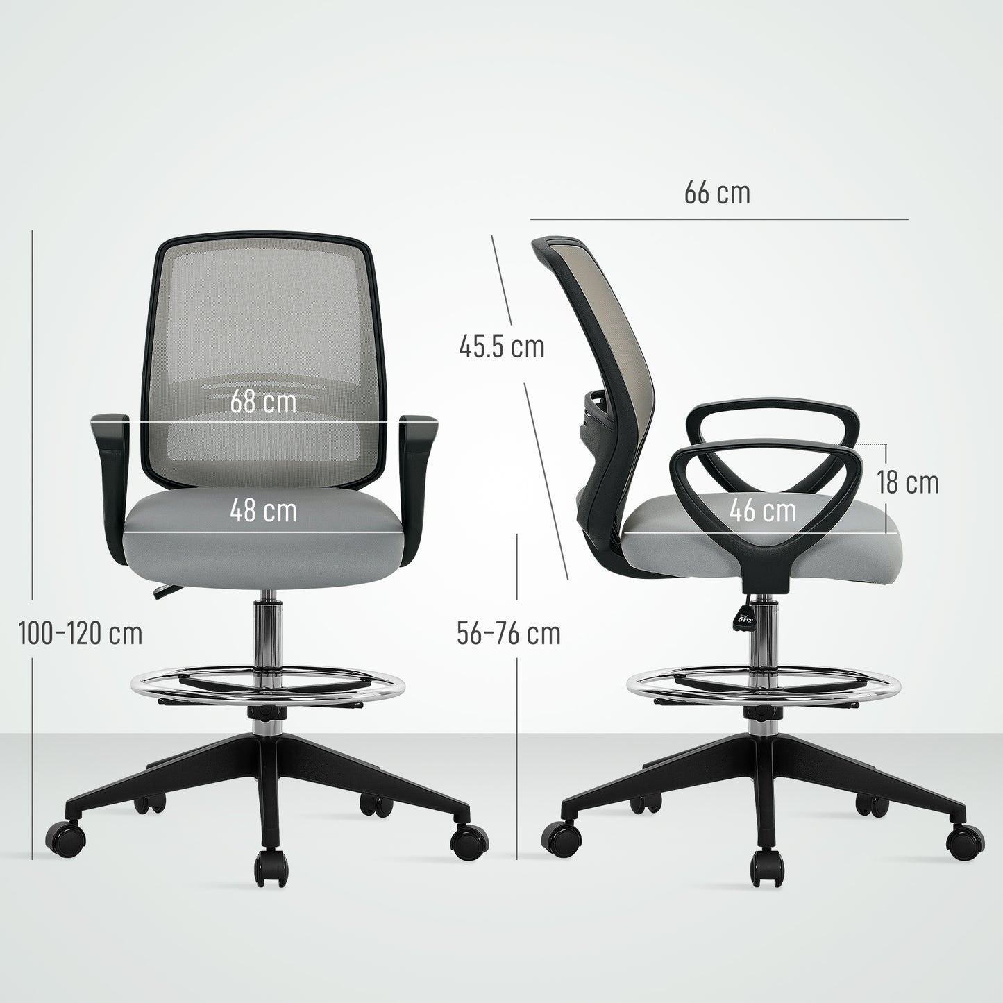 100-120cm Draughtsman Office Chair, with Footrest - Light Grey - Vinsetto image 2
