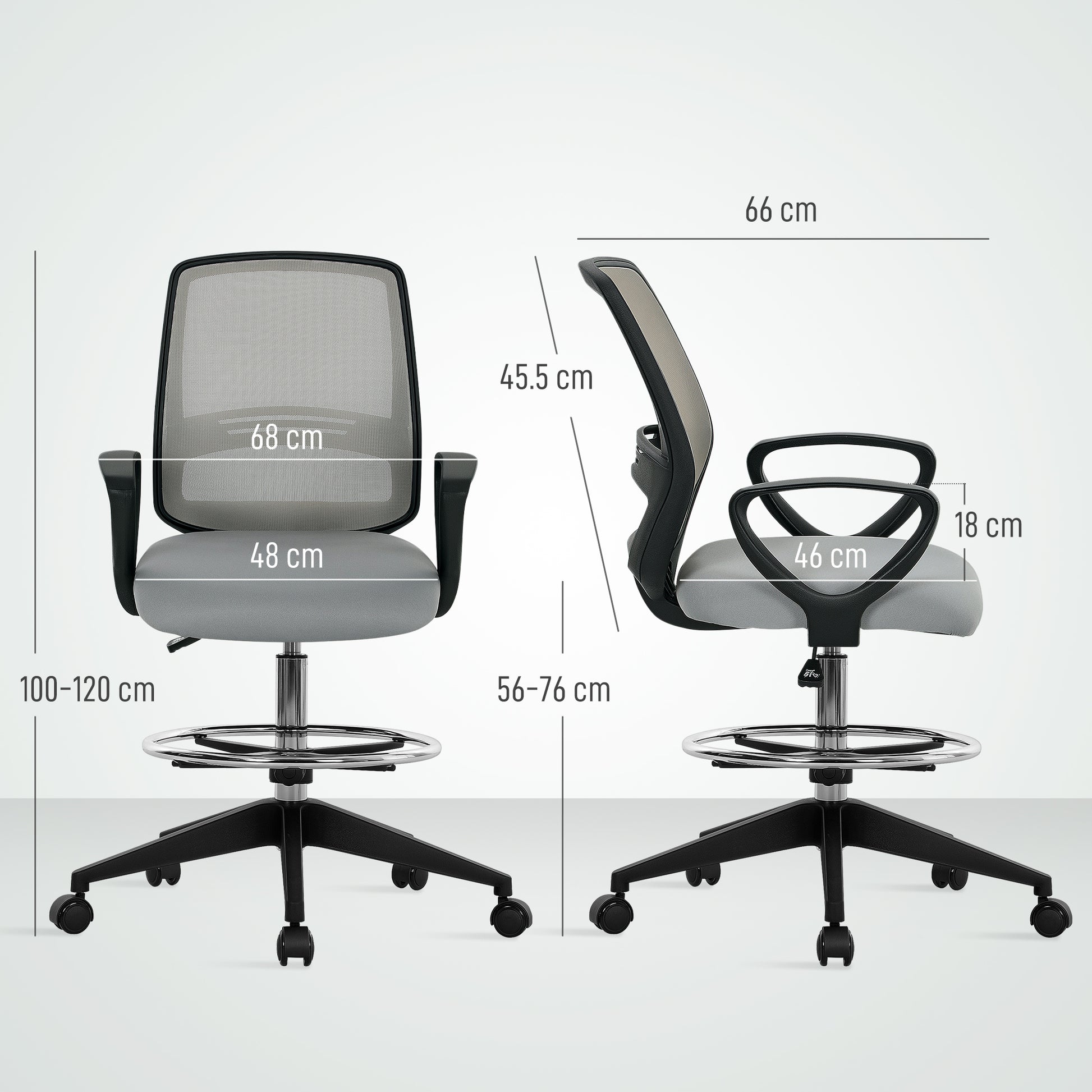 100-120cm Draughtsman Office Chair, with Footrest - Light Grey - Vinsetto image 2