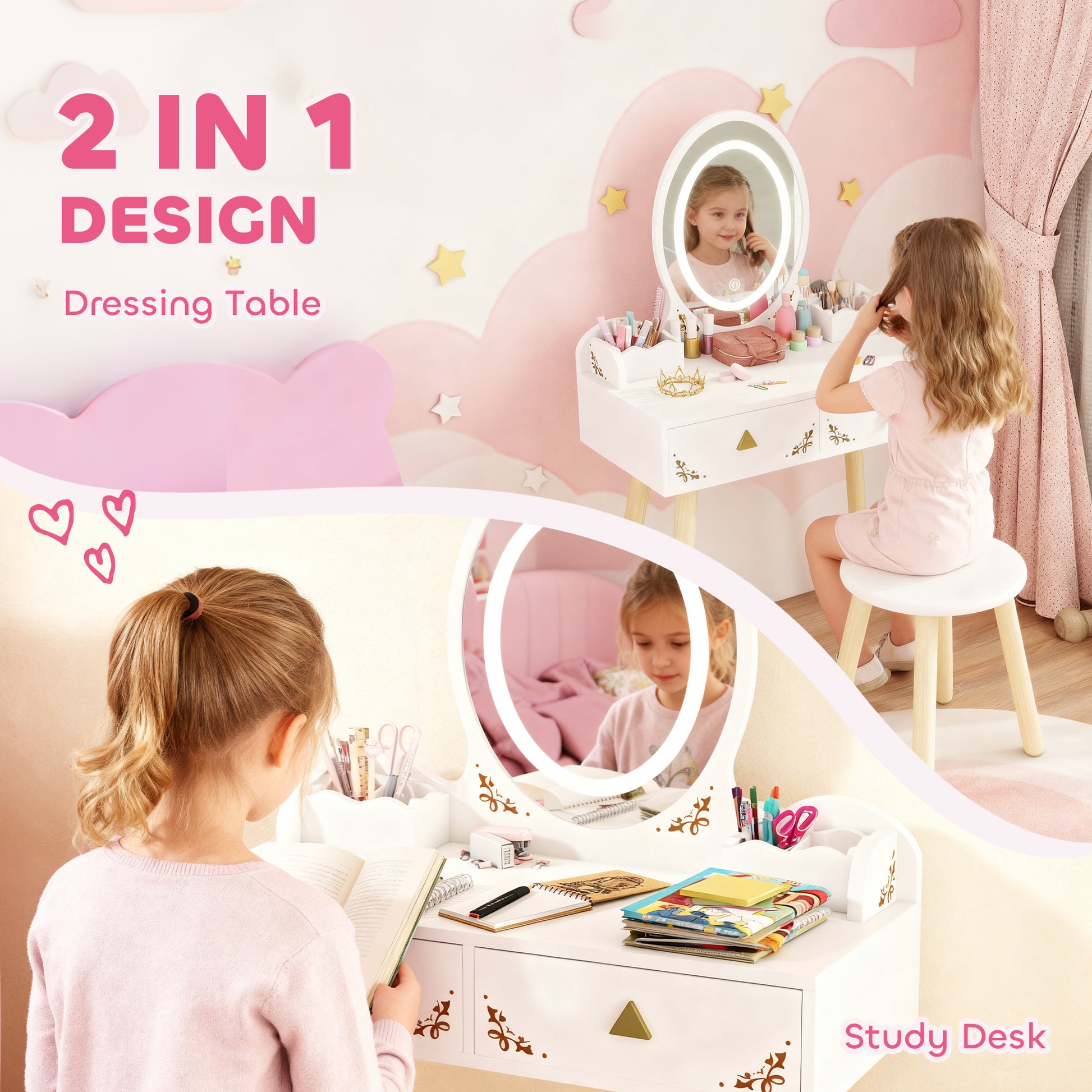 Kids Vanity Table Chair Set 3 Colour LED Lights Mirror 3 - Aiyaplay image 4