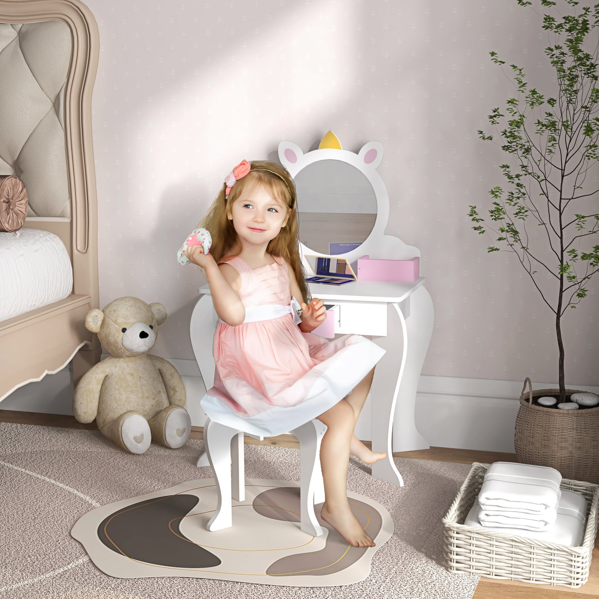 UnicornDesign Kids Dressing Table Mirror Stool White - Zonekiz image 1