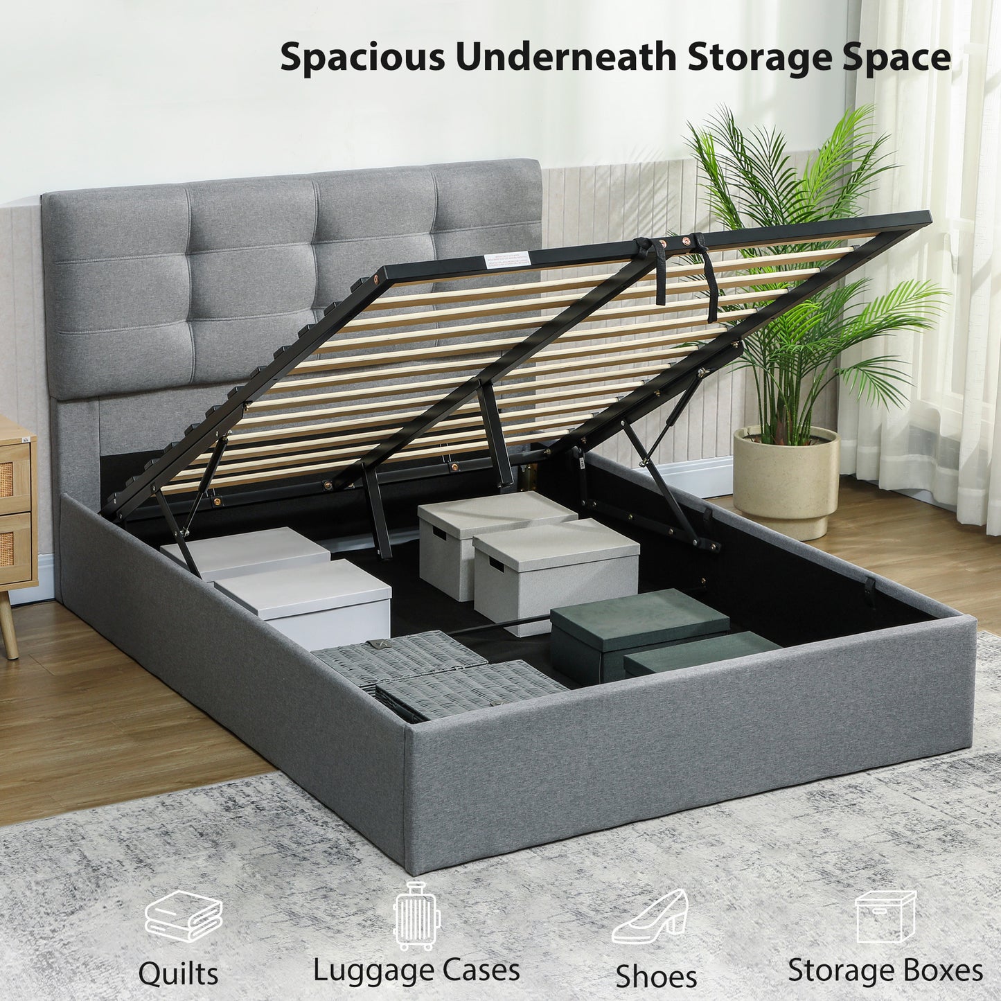 4ft 6" Double Ottoman Bed Gas Lift Storage Grey - Homcom image 3