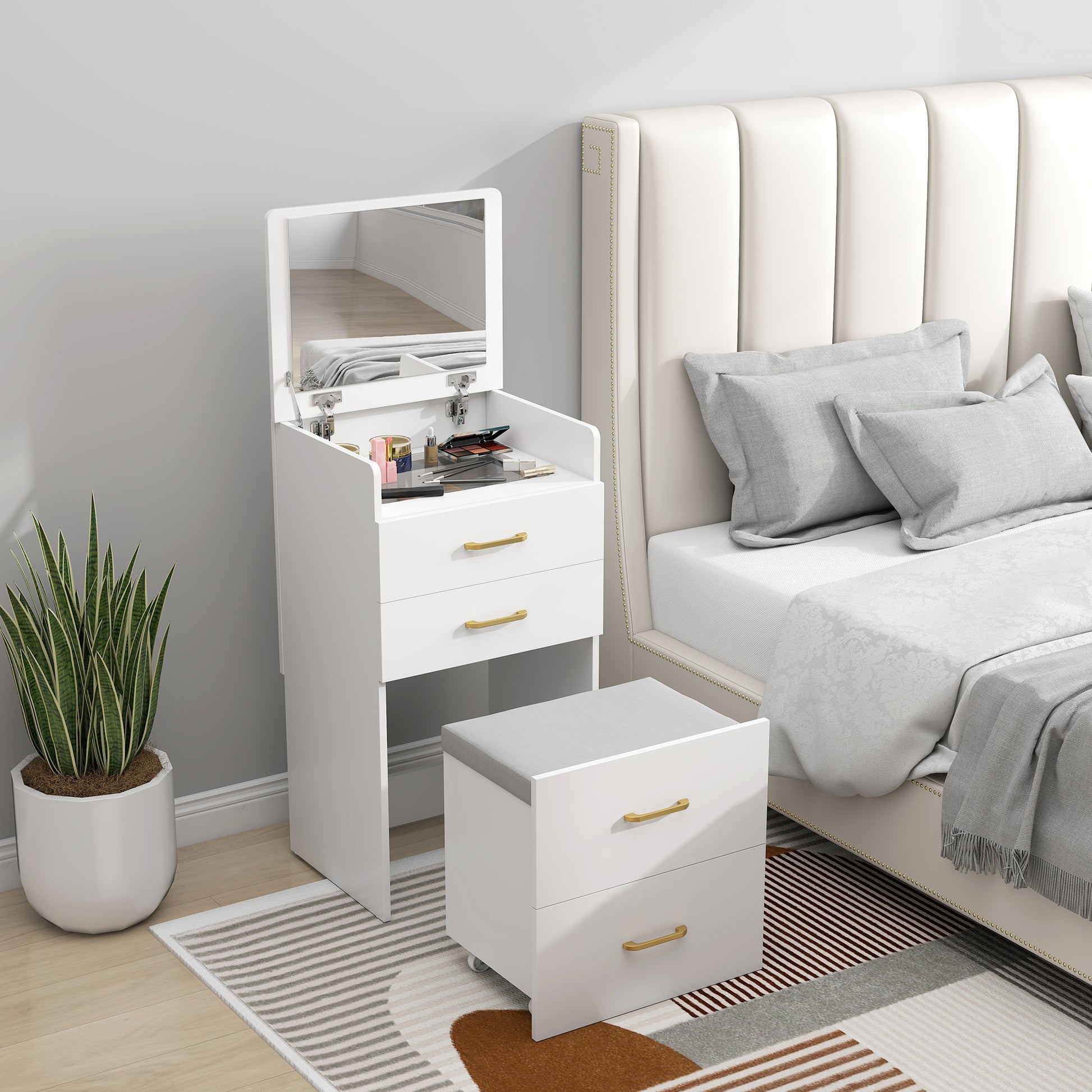 3 in 1 Dressing Table Fliptop Mirror Rolling Stool White - Homcom image 7