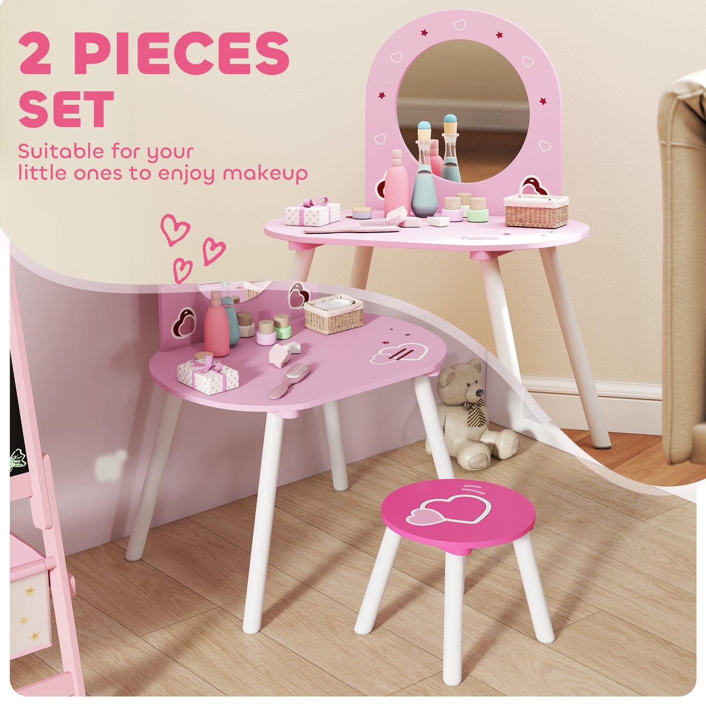 Kids Dressing Table Mirror Stool Ages 3-6 Years Pink - Aiyaplay image 3