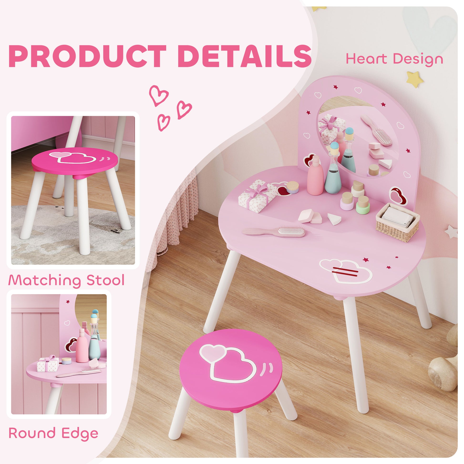 Kids Dressing Table Mirror Stool Ages 3-6 Years Pink - Aiyaplay image 4