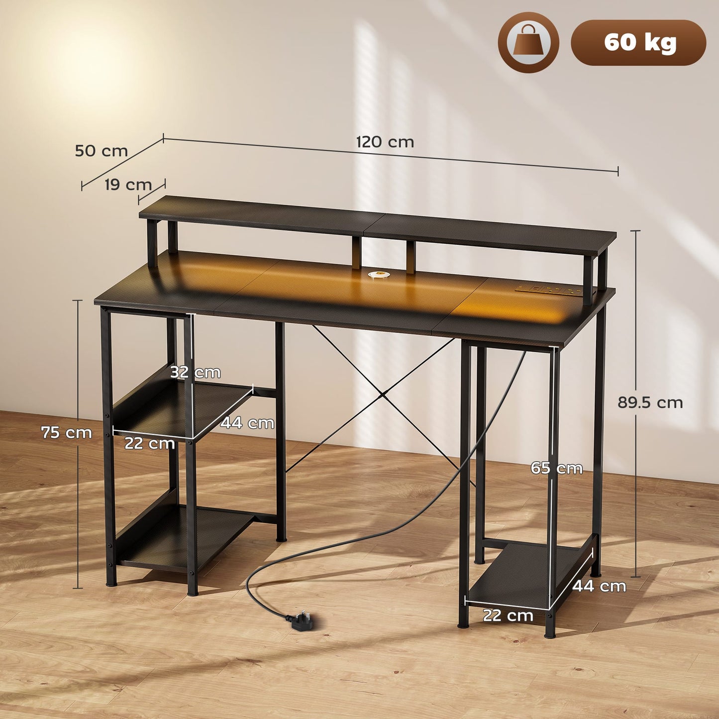 LED Computer Desk with Power Outlets Shelves Carbon Fibre - HOMCOM image 2