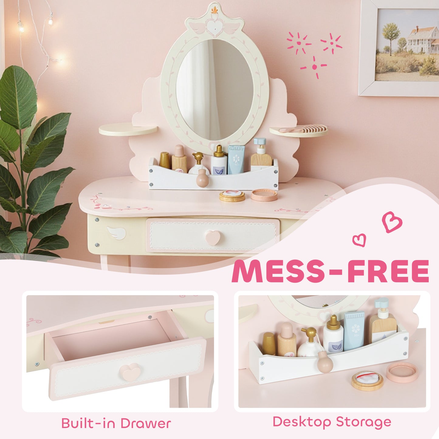 Girls Vanity Set Mirror Stool 7 Play Accessories Pink - Aiyaplay image 5