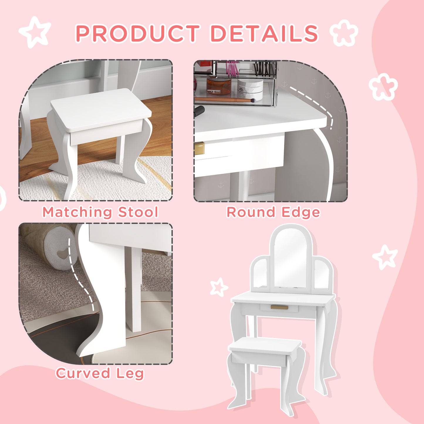 Kids Dressing Table Set Mirror Drawer White - Homcom image 5