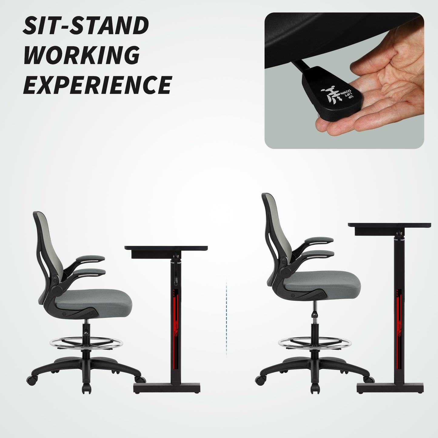 Draughtsman Chair with Flip up Armrests Charcoal Grey - Vinsetto image 4