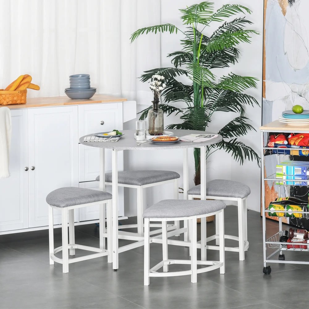 HOMCOM Modern Round Dining Table Set with 4 Upholstered Stools for Dining Room, Kitchen, Grey 1