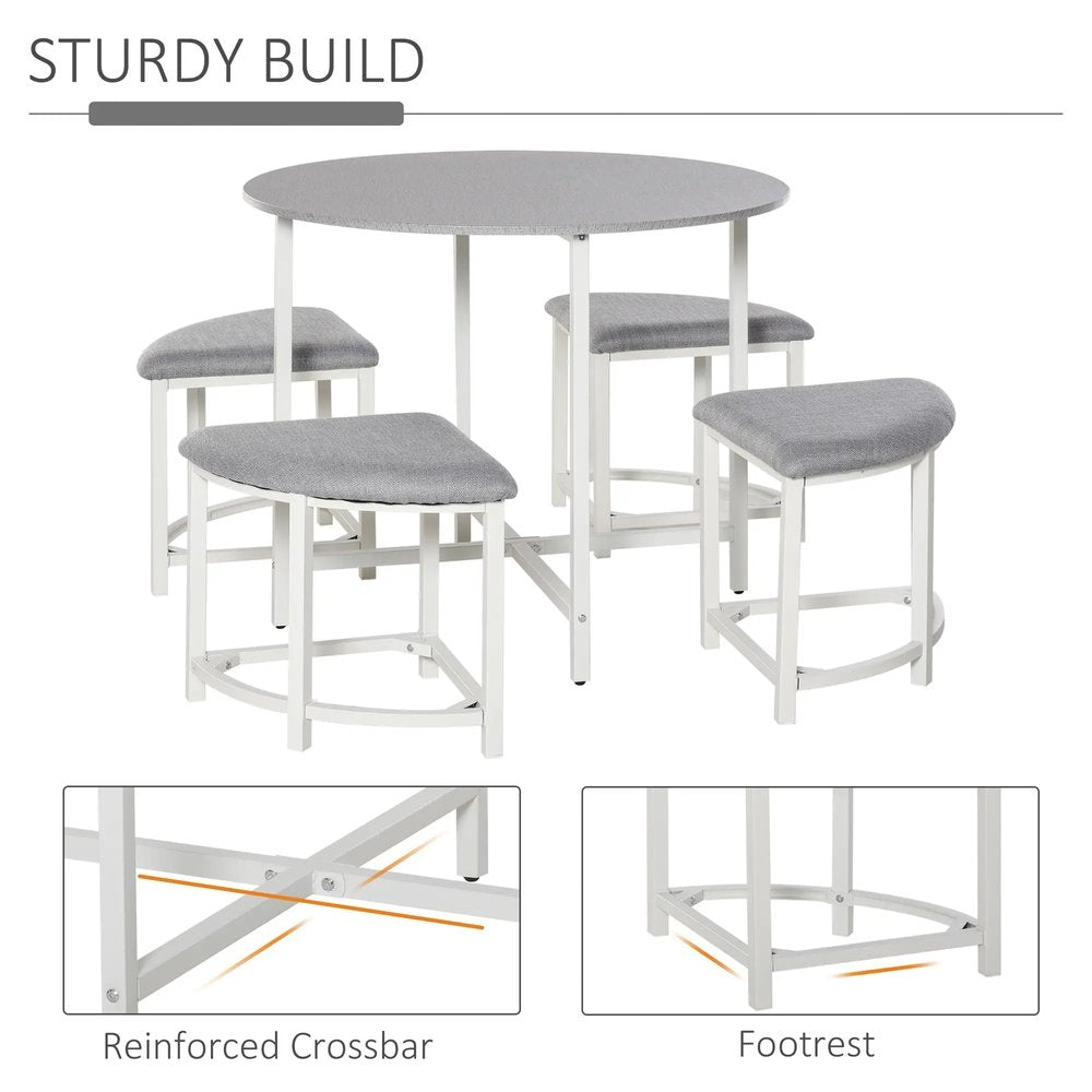 HOMCOM Modern Round Dining Table Set with 4 Upholstered Stools for Dining Room, Kitchen, Grey 4