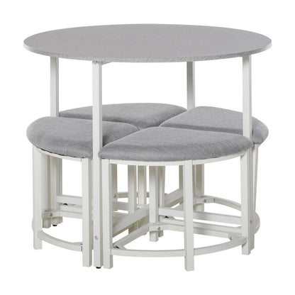 HOMCOM Modern Round Dining Table Set with 4 Upholstered Stools for Dining Room, Kitchen, Grey 