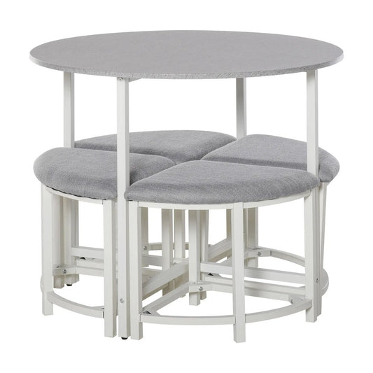 HOMCOM Modern Round Dining Table Set with 4 Upholstered Stools for Dining Room, Kitchen, Grey 