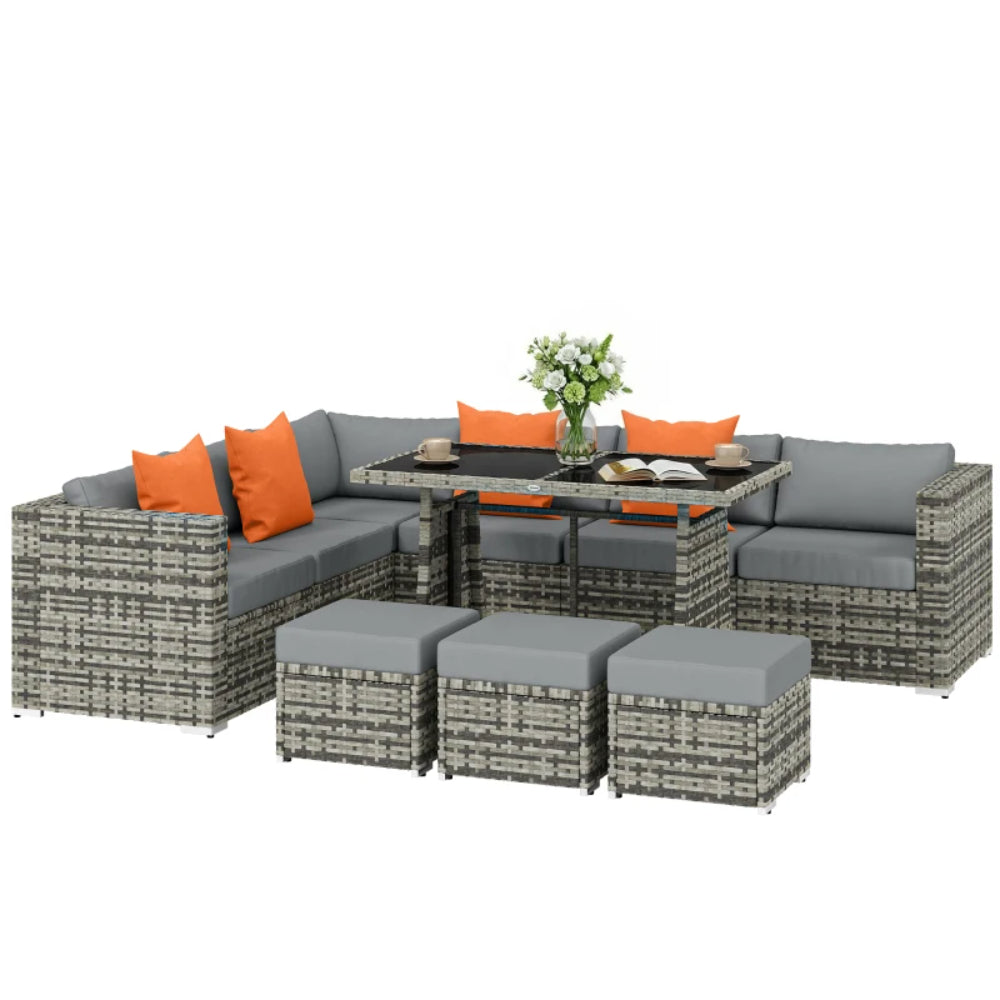 Outsunny 10 Piece Rattan Garden Furniture Set, 3 Corner Sofas with 3 Chairs, 3 Stools and Coffee Table, Outdoor Patio Furniture