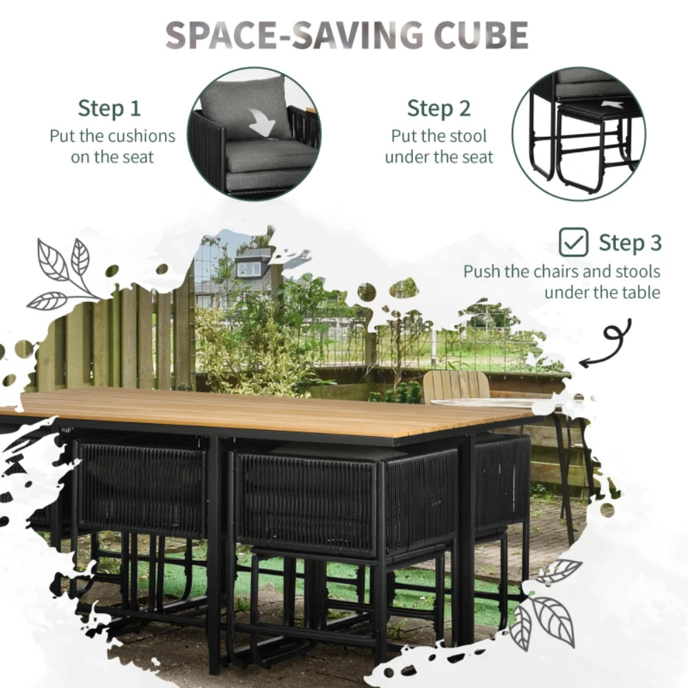 Outsunny 10 Seater Rattan Cube Garden Furniture Set with Wood Grain Plastic Top Table, Black