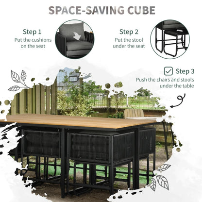 Outsunny 10 Seater Rattan Cube Garden Furniture Set with Wood Grain Plastic Top Table, Black