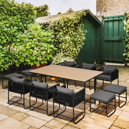 Outsunny 10 Seater Rattan Cube Garden Furniture Set with Wood Grain Plastic Top Table, Black