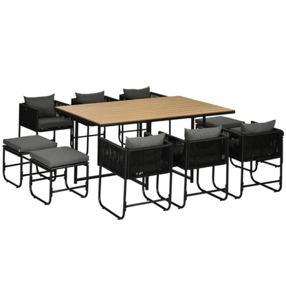Outsunny 10 Seater Rattan Cube Garden Furniture Set with Wood Grain Plastic Top Table, Black