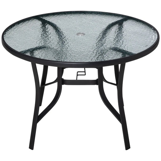 Outsunny 106cm Round Garden Dining Table with Parasol Hole, Tempered Glass Top, Steel Frame 
