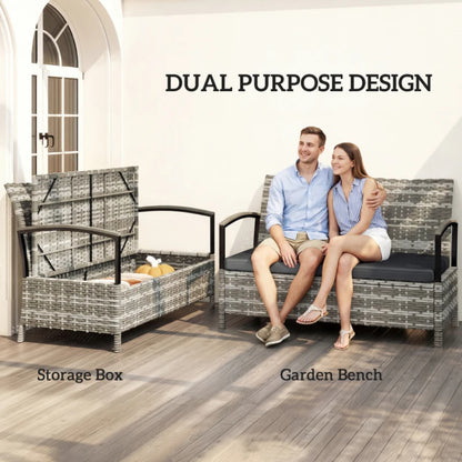 Outsunny 125L Garden Storage Bench, 2 Seater PE Rattan Outdoor Bench Storage Box with Padded Cushion