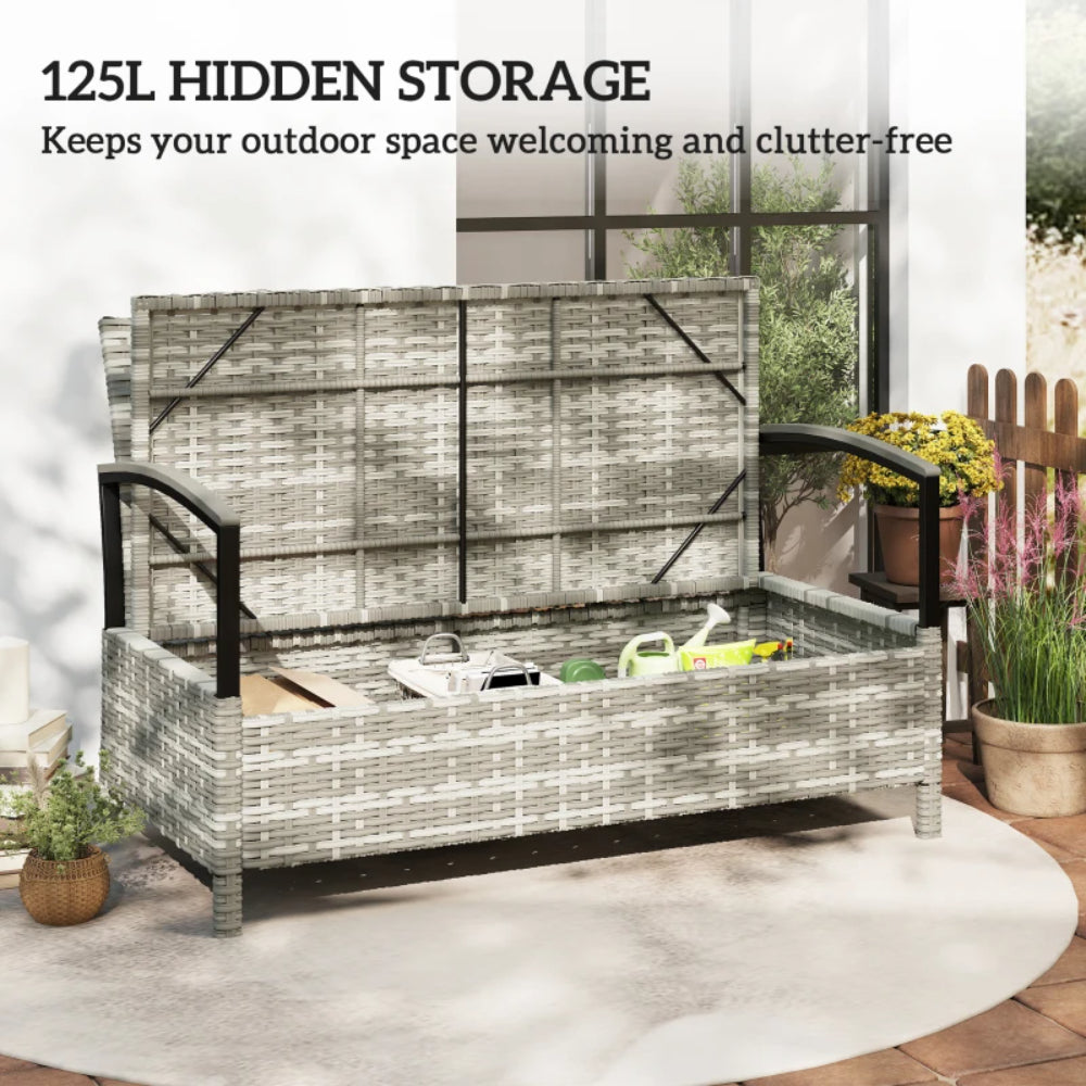 Outsunny 125L Garden Storage Bench, 2 Seater PE Rattan Outdoor Bench Storage Box with Padded Cushion