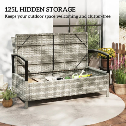 Outsunny 125L Garden Storage Bench, 2 Seater PE Rattan Outdoor Bench Storage Box with Padded Cushion