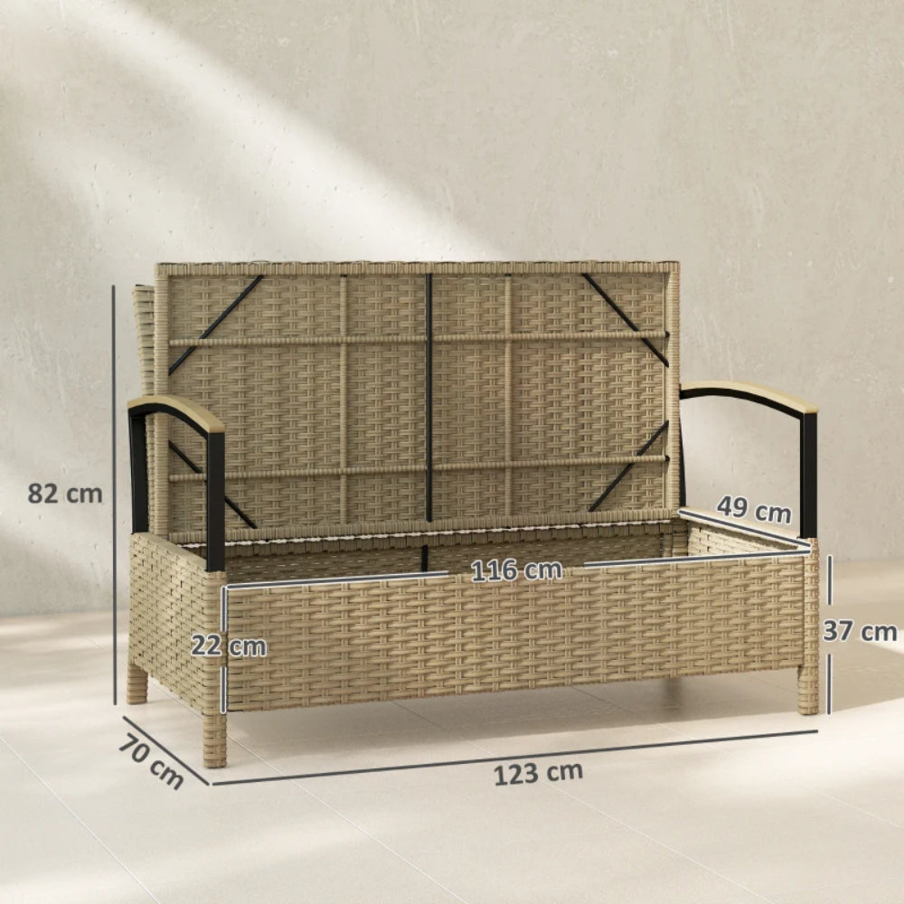 Outsunny 125L Garden Storage Bench, 2 Seater PE Rattan Outdoor Bench Storage Box with Padded Cushion