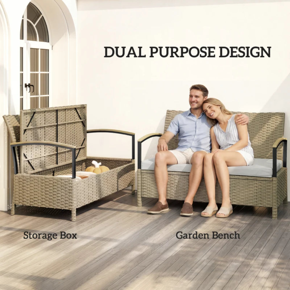 Outsunny 125L Garden Storage Bench, 2 Seater PE Rattan Outdoor Bench Storage Box with Padded Cushion