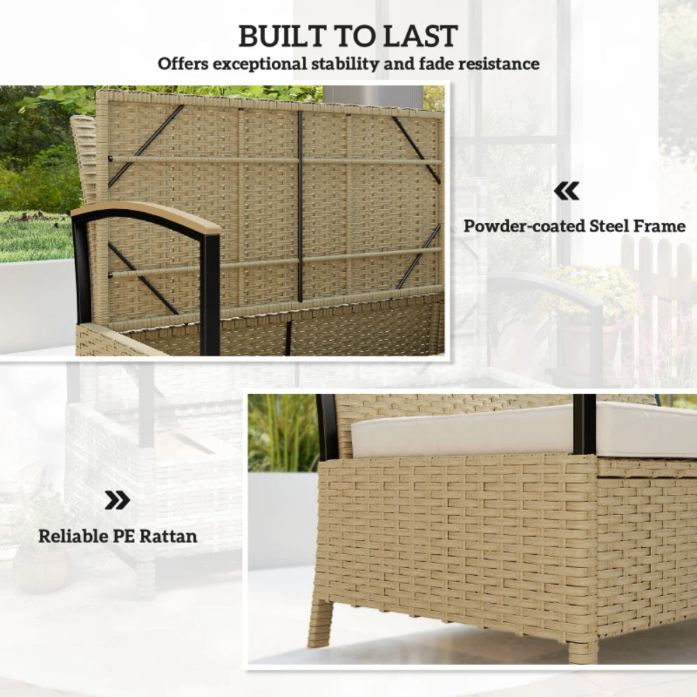 Outsunny 125L Garden Storage Bench, 2 Seater PE Rattan Outdoor Bench Storage Box with Padded Cushion