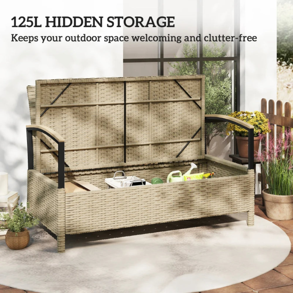 Outsunny 125L Garden Storage Bench, 2 Seater PE Rattan Outdoor Bench Storage Box with Padded Cushion