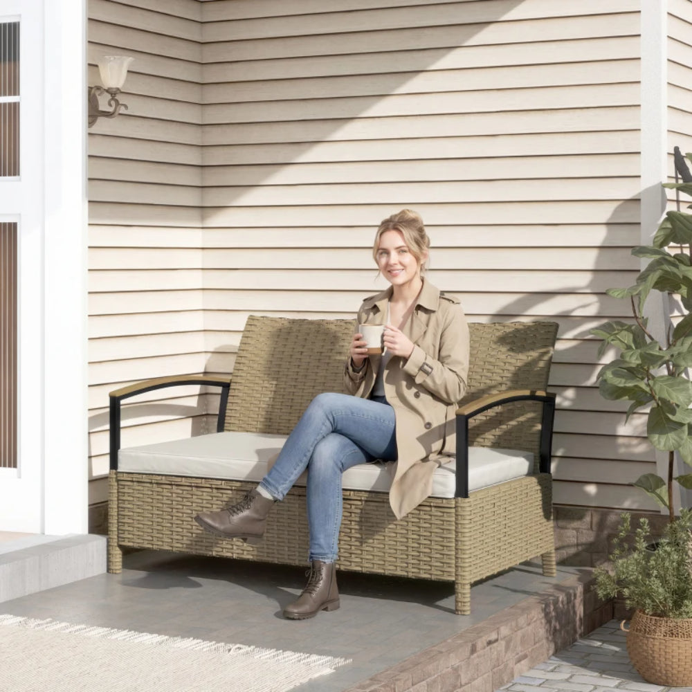 Outsunny 125L Garden Storage Bench, 2 Seater PE Rattan Outdoor Bench Storage Box with Padded Cushion