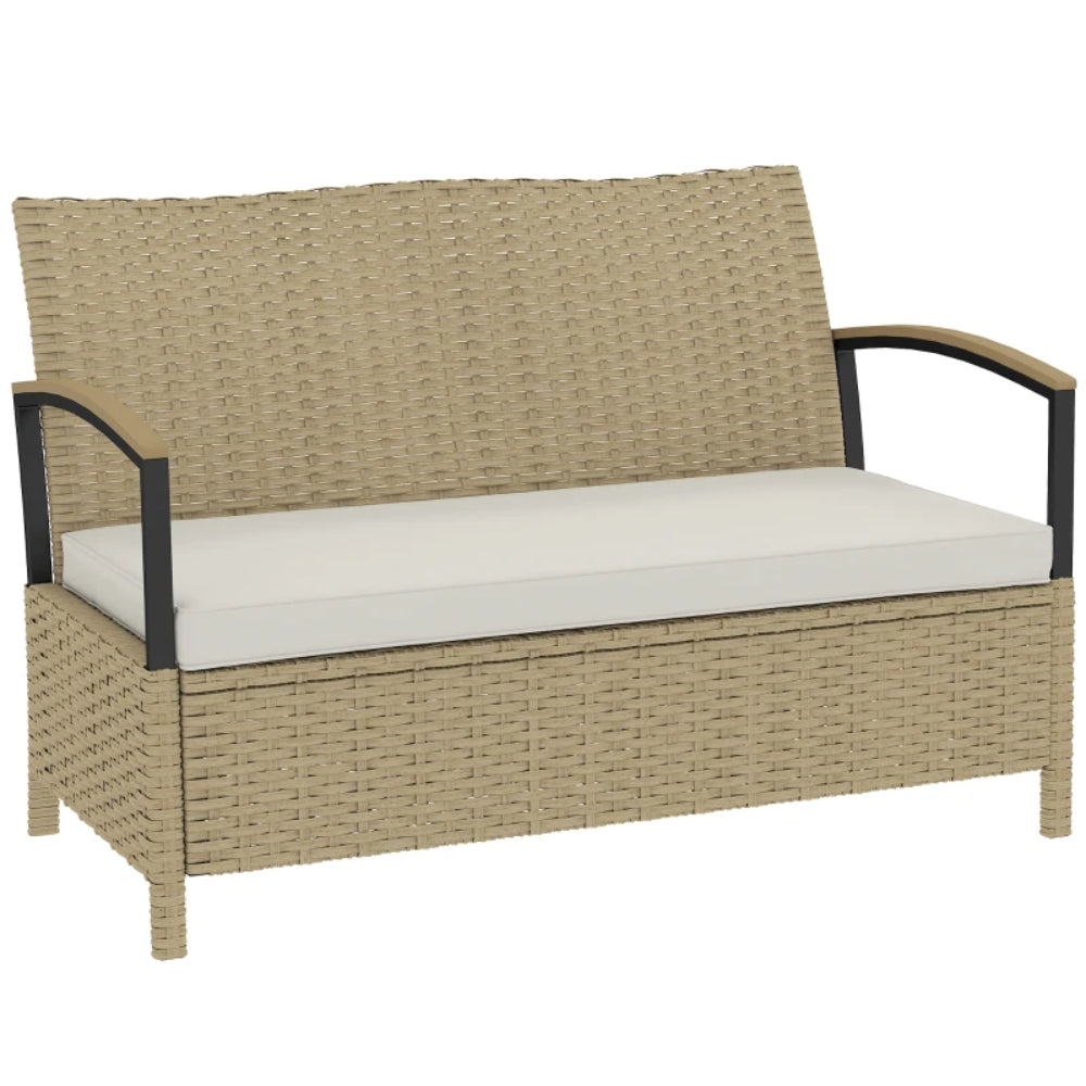 Outsunny 125L Garden Storage Bench, 2 Seater PE Rattan Outdoor Bench Storage Box with Padded Cushion