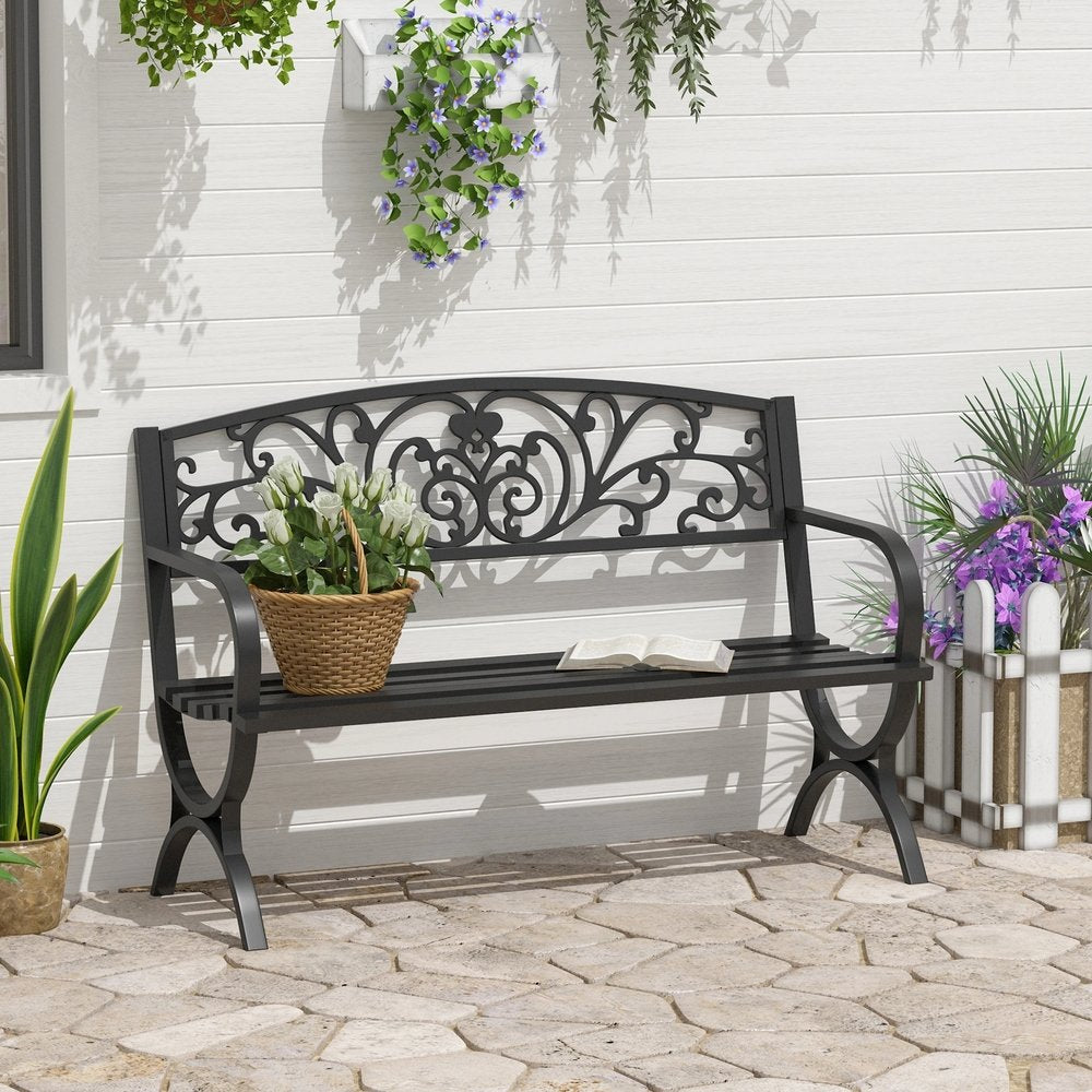 Outsunny 127L x 60W x 85H cm Powder Coated Garden Bench for Patio Backyard, Steel-Black 1