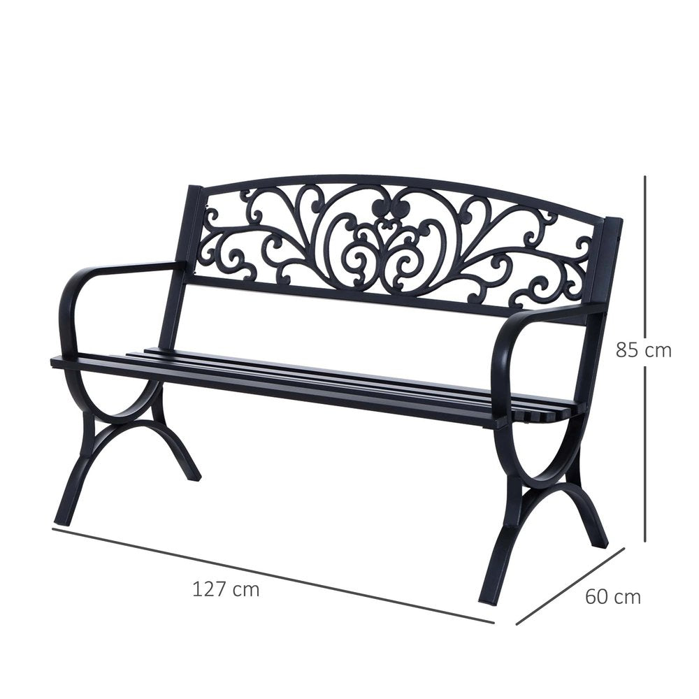 Outsunny 127L x 60W x 85H cm Powder Coated Garden Bench for Patio Backyard, Steel-Black 2