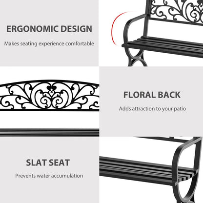 Outsunny 127L x 60W x 85H cm Powder Coated Garden Bench for Patio Backyard, Steel-Black 4