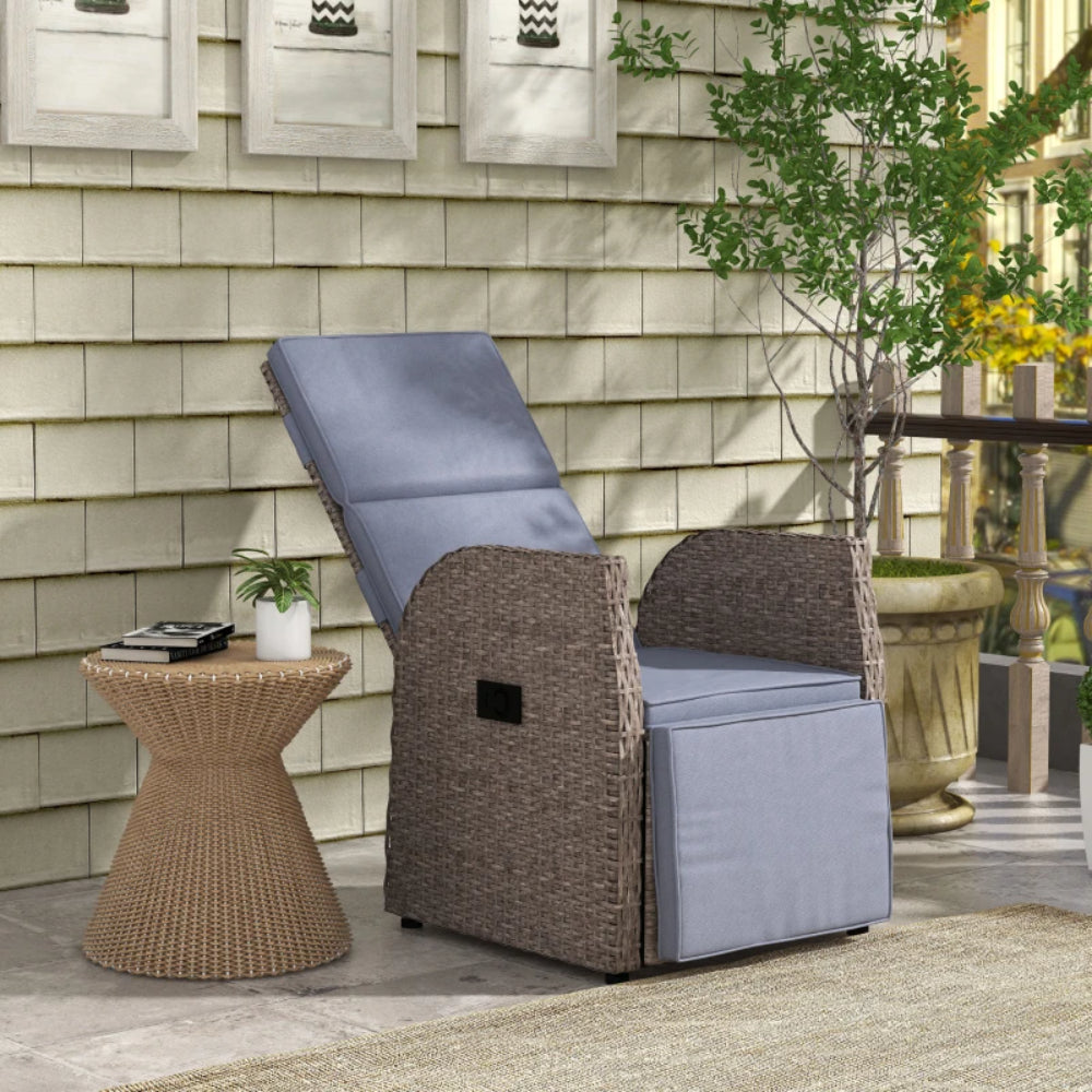 Outsunny 148&deg; Reclining Rattan Garden Armchair, with Footrest - Brown/Grey