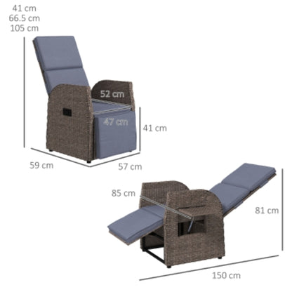 Outsunny 148&deg; Reclining Rattan Garden Armchair, with Footrest - Brown/Grey