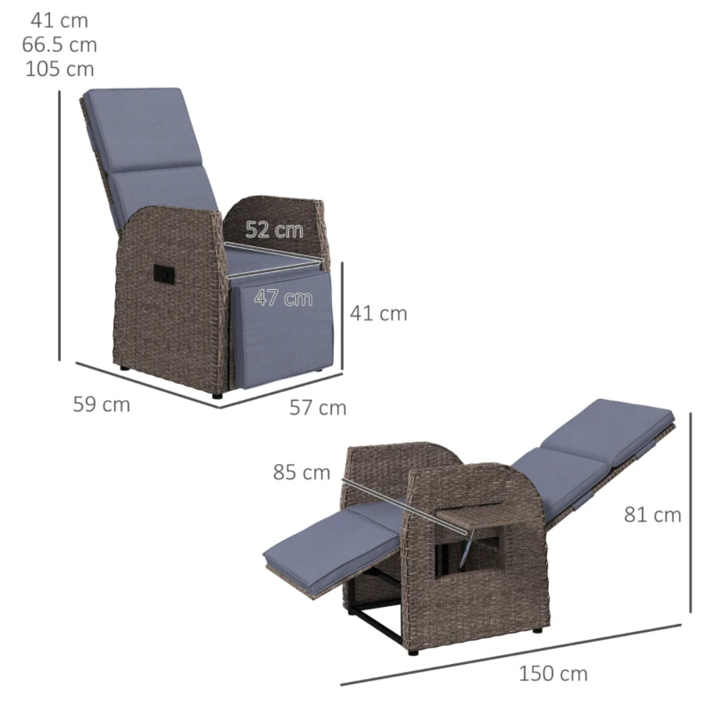 Outsunny 148&deg; Reclining Rattan Garden Armchair, with Footrest - Brown/Grey