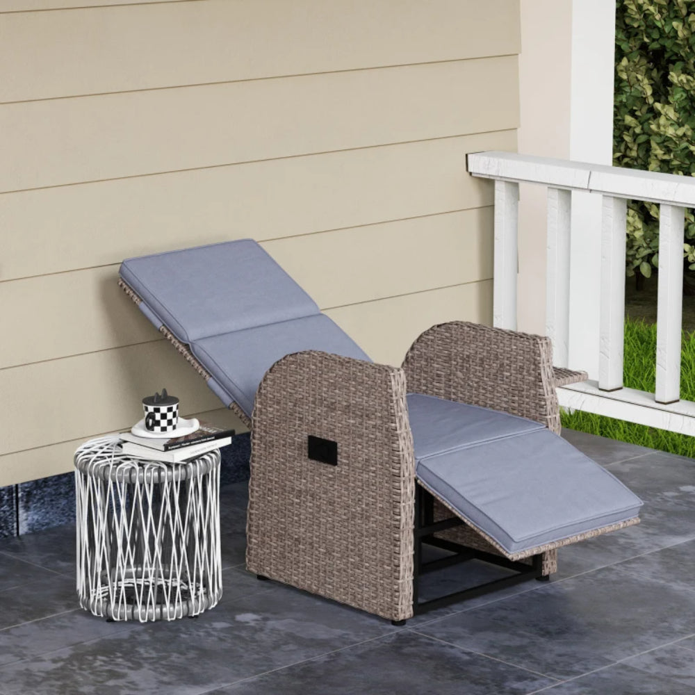 Outsunny 148&deg; Reclining Rattan Garden Armchair, with Footrest - Brown/Grey