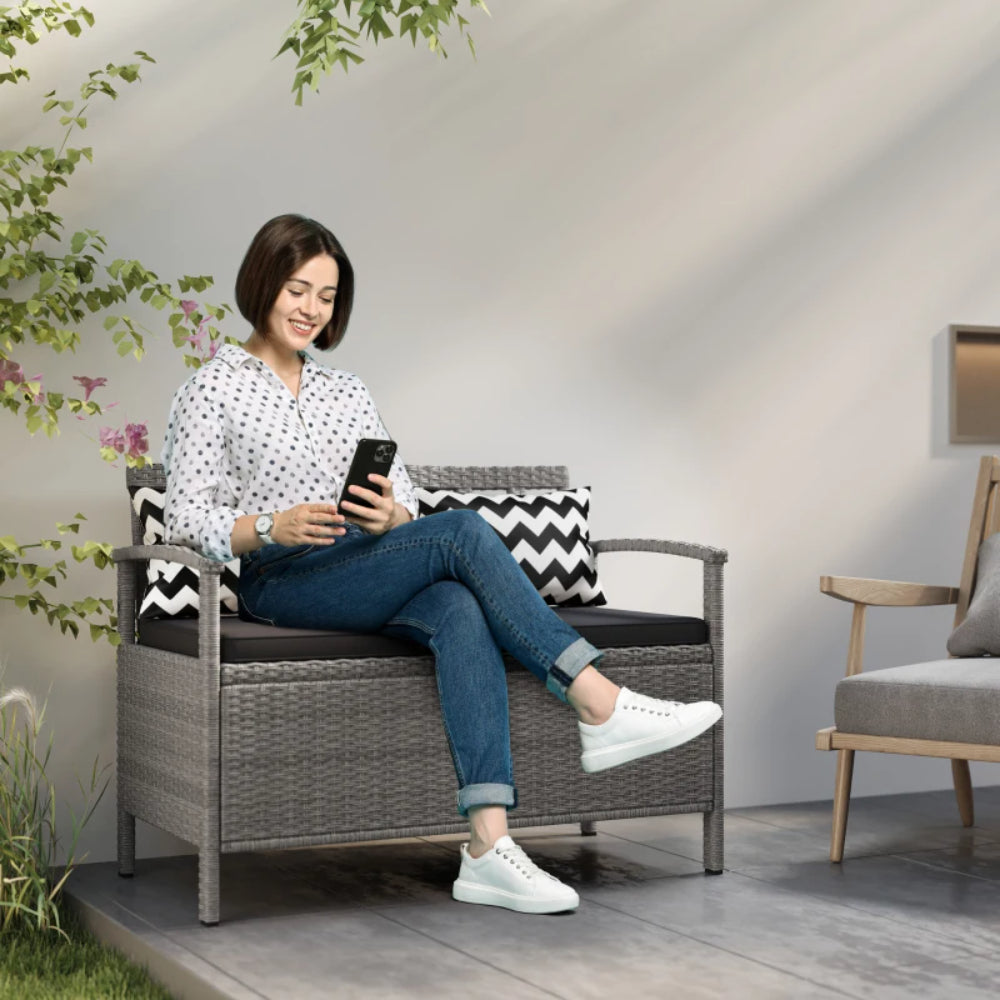 Outsunny 160L Storage Two-Seater Rattan Bench - Grey